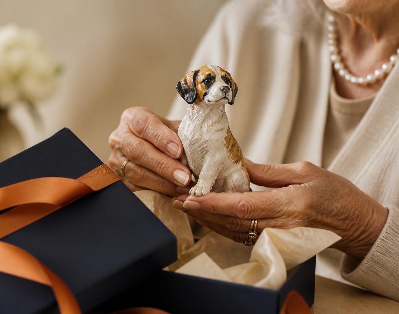 Miniatura Woofy embrulhada para presente em cima de uma mesa de madeira