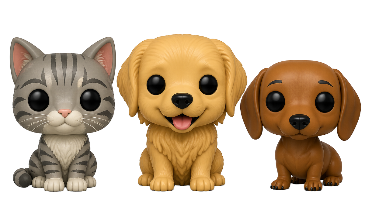Três miniaturas Woofy estilo Funko: um gato cinza, um golden retriever e um dachshund caramelo